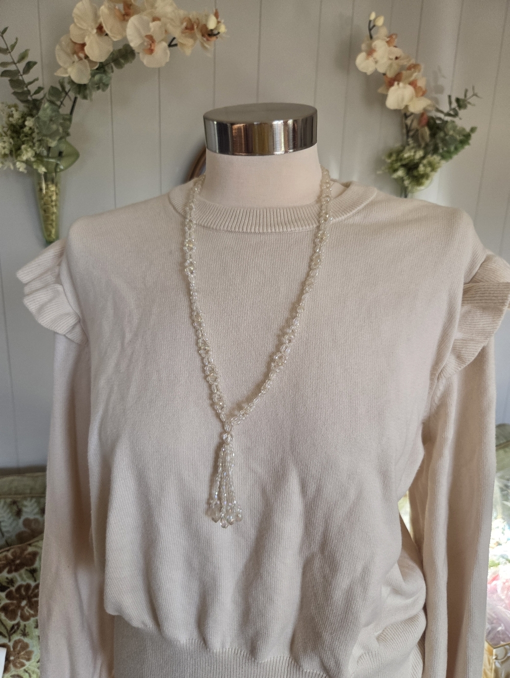 Vintage Handmade Elegant Clear Beaded Tassel Necklace